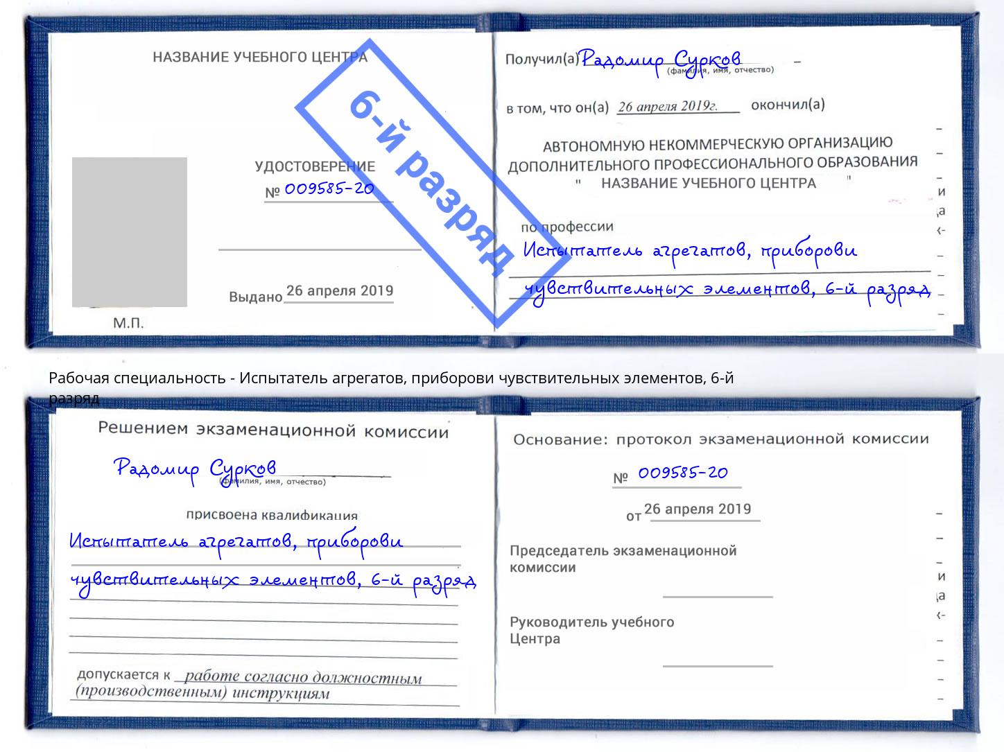 корочка 6-й разряд Испытатель агрегатов, приборови чувствительных элементов Рославль