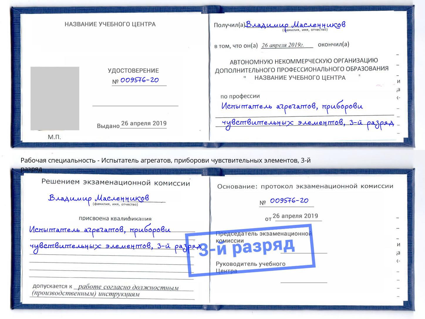 корочка 3-й разряд Испытатель агрегатов, приборови чувствительных элементов Рославль