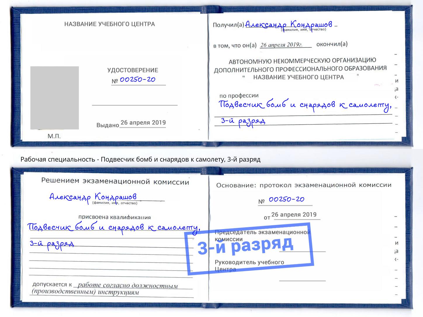 корочка 3-й разряд Подвесчик бомб и снарядов к самолету Рославль