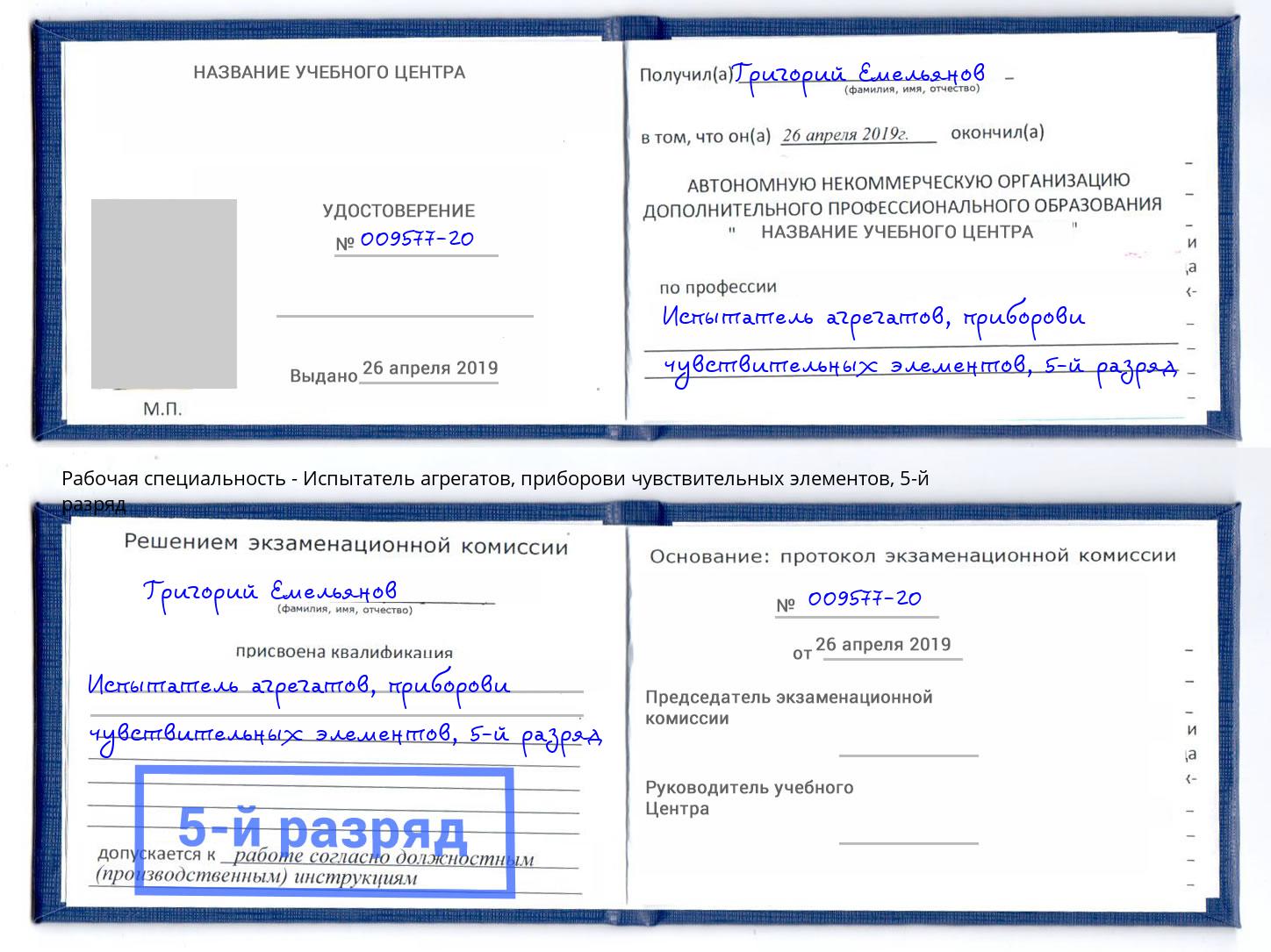 корочка 5-й разряд Испытатель агрегатов, приборови чувствительных элементов Рославль