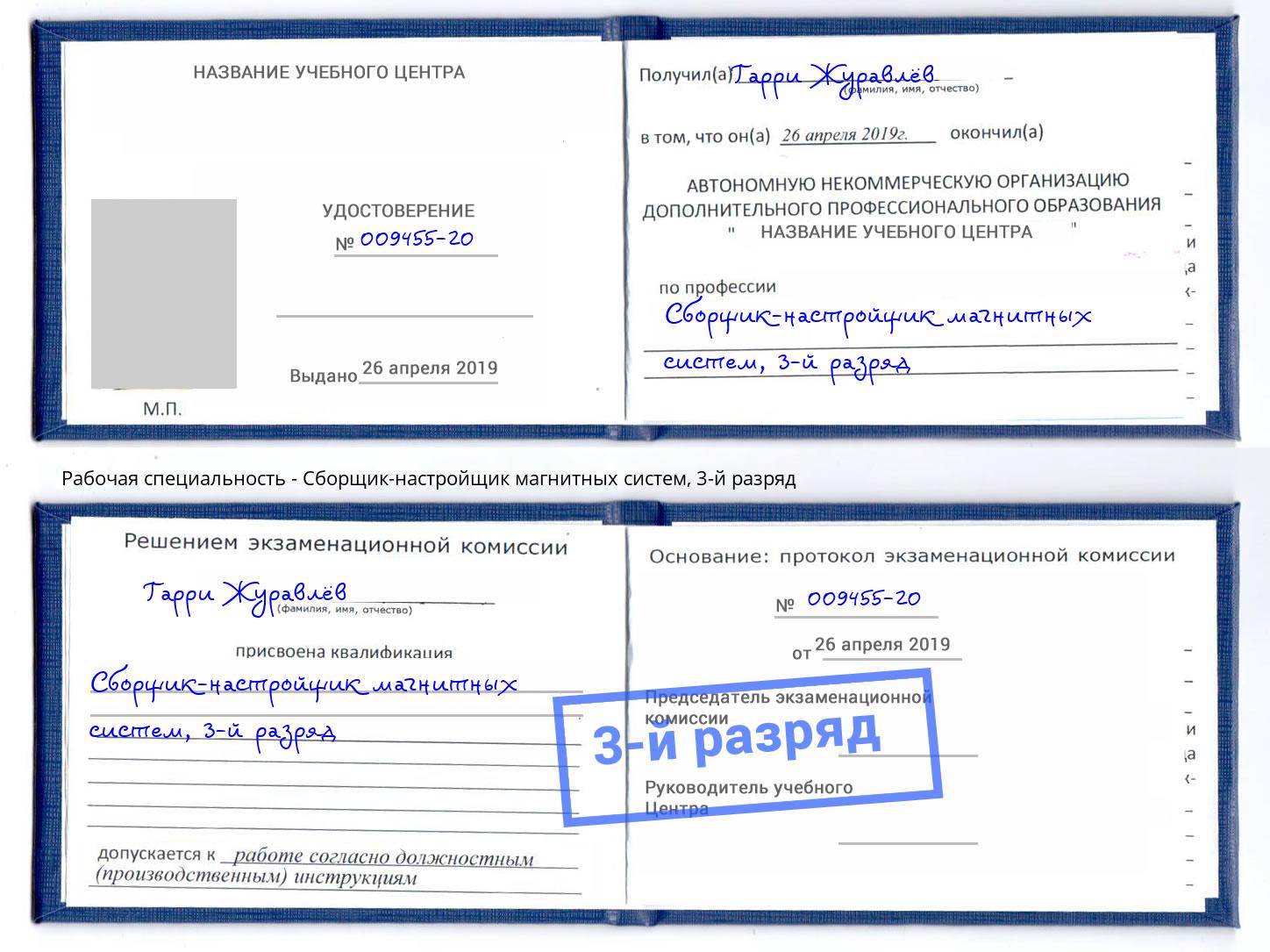 корочка 3-й разряд Сборщик-настройщик магнитных систем Рославль
