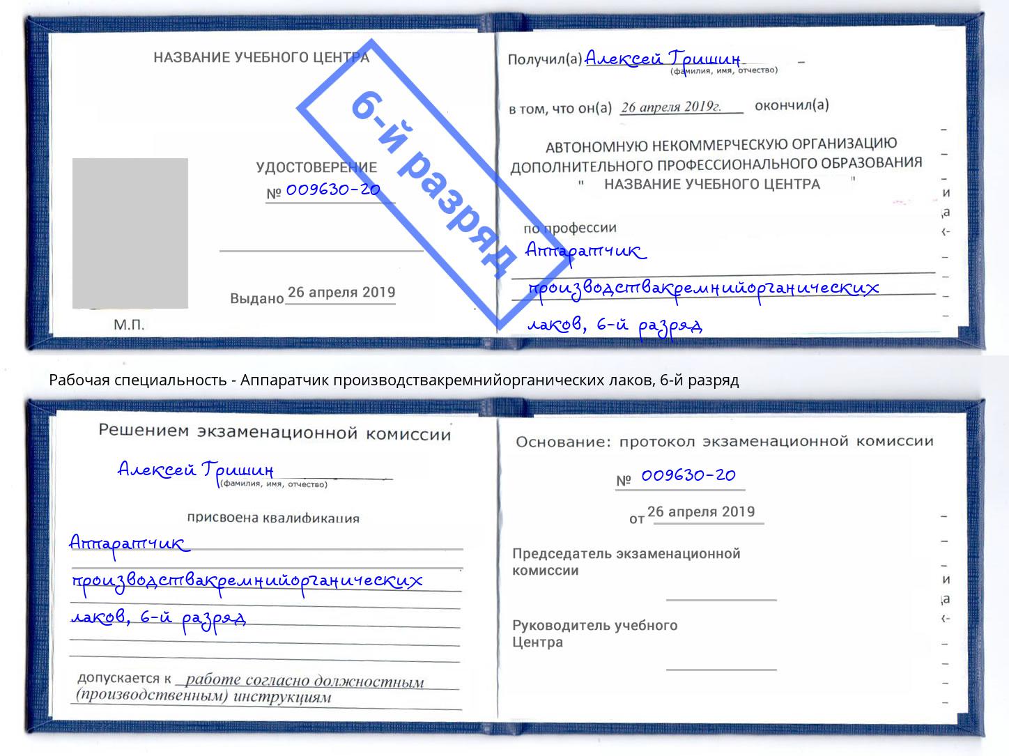 корочка 6-й разряд Аппаратчик производствакремнийорганических лаков Рославль