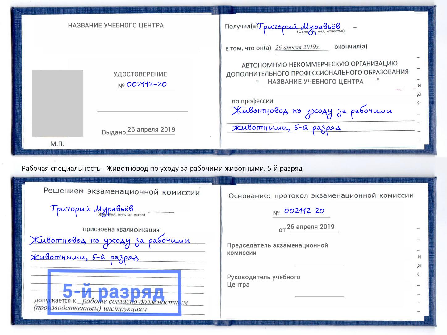 корочка 5-й разряд Животновод по уходу за рабочими животными Рославль