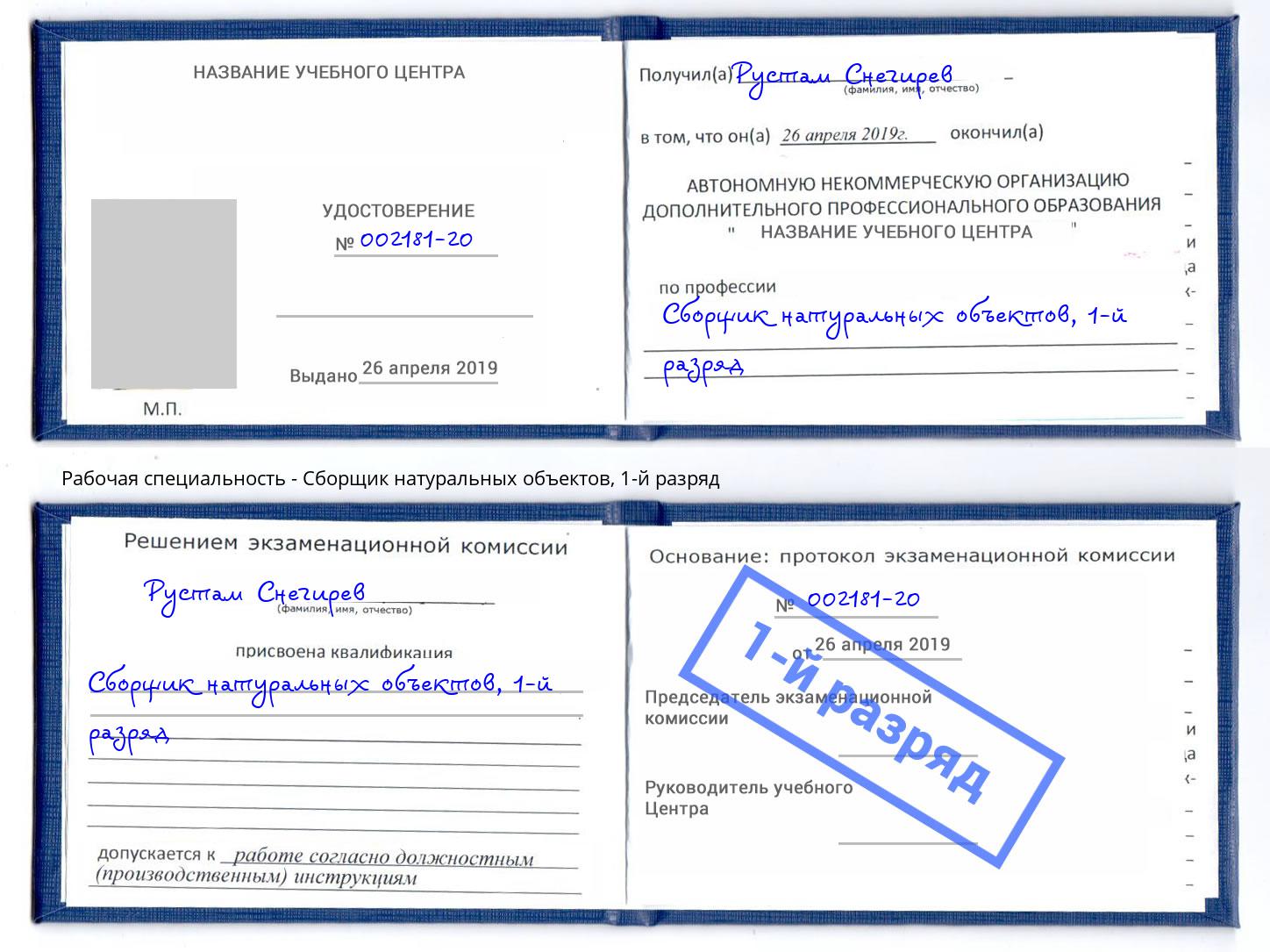 корочка 1-й разряд Сборщик натуральных объектов Рославль