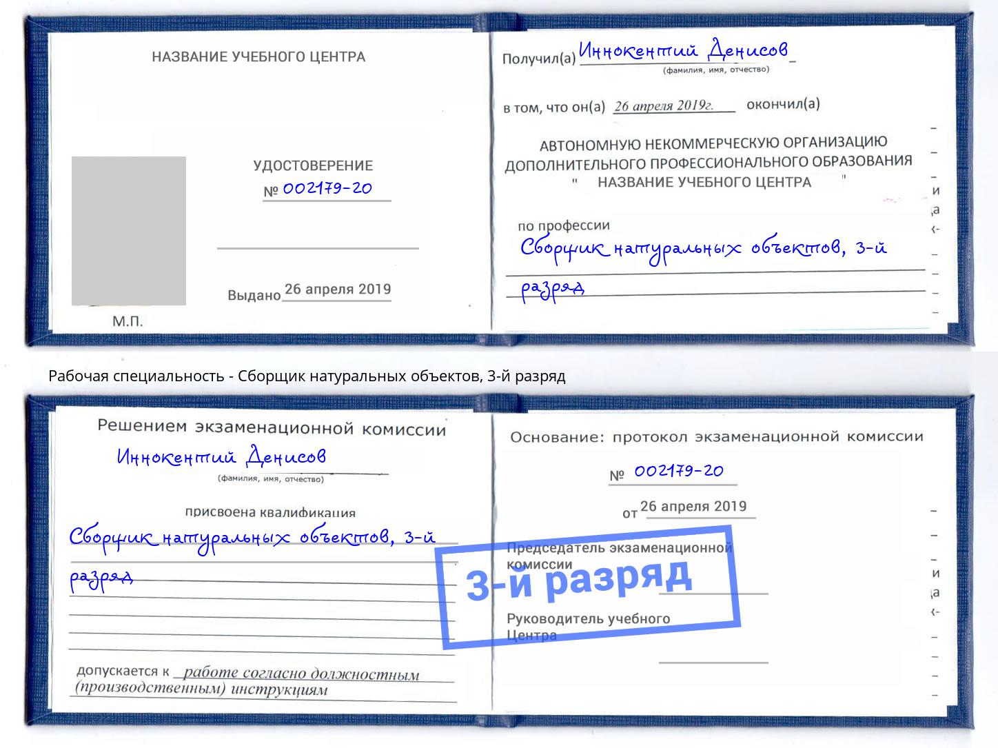корочка 3-й разряд Сборщик натуральных объектов Рославль