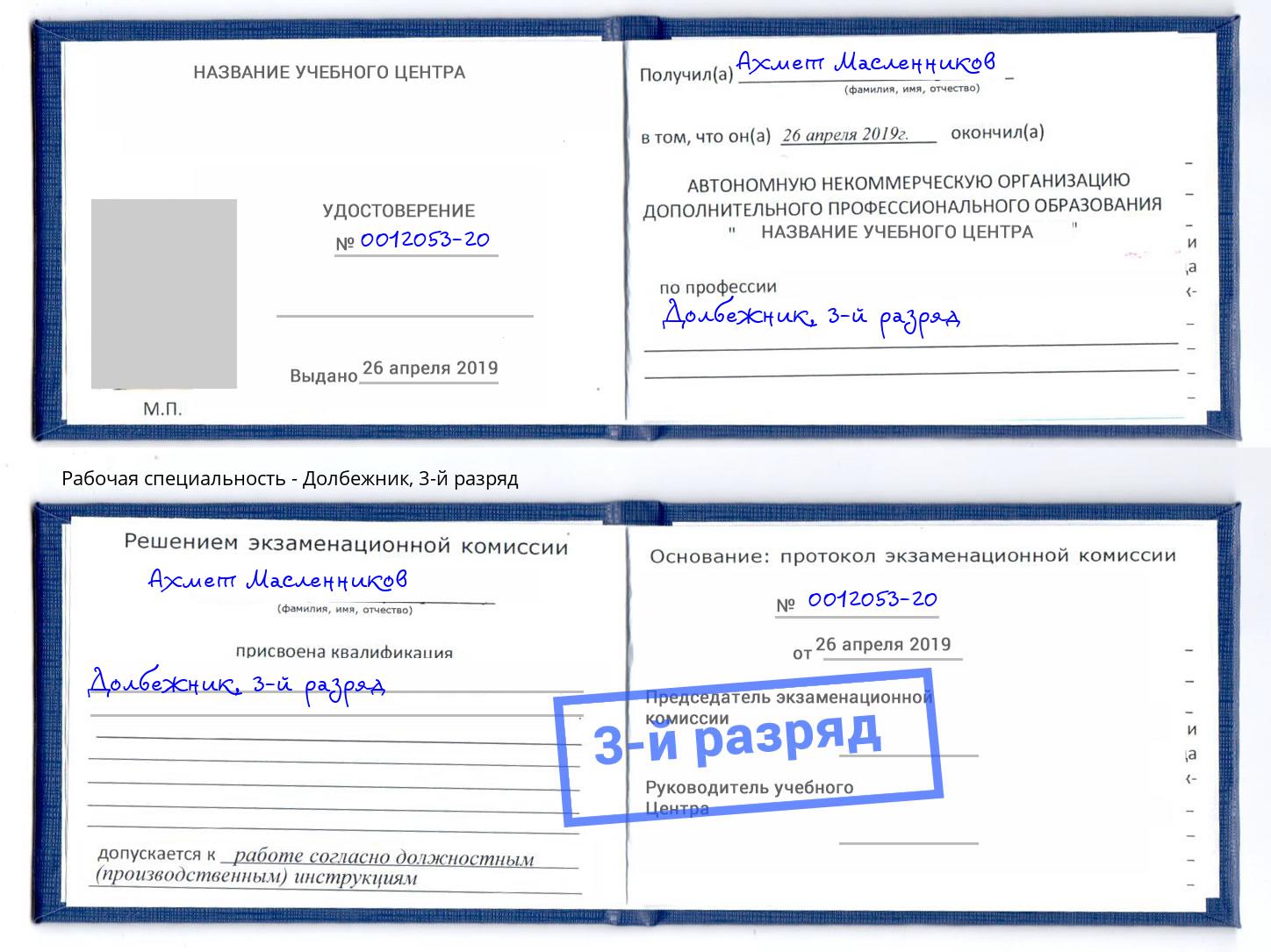 корочка 3-й разряд Долбежник Рославль
